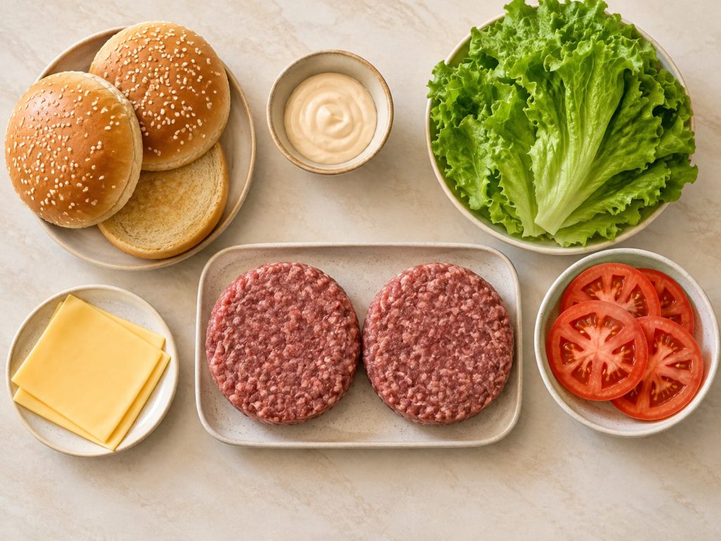Ingredients for air fryer beef burgers including beef patties, buns, cheese, lettuce, and tomato