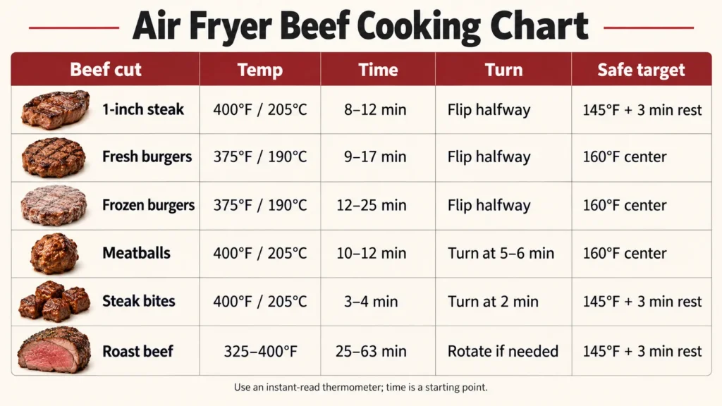 Air fryer beef cooking times for steak, burgers, meatballs, steak bites, and roast beef