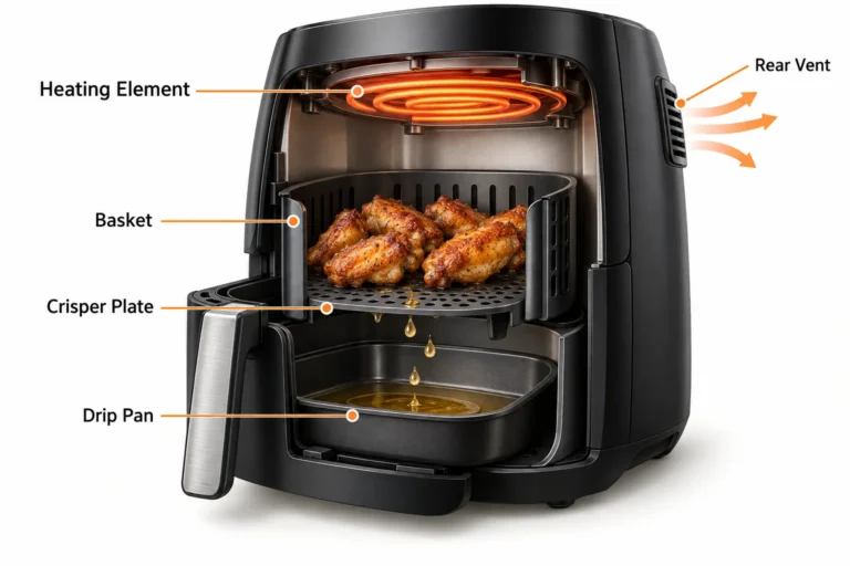 Air fryer heating element grease buildup diagram showing the basket, crisper plate, drip pan, and rear vent