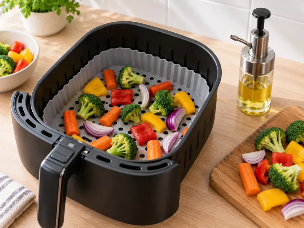 Air fryer basket with a perforated silicone liner and a pump-style oil mister