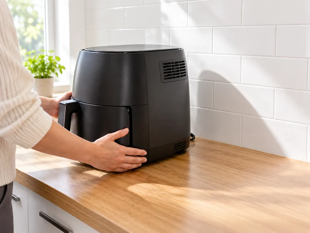 Air fryer placed on a clear heat-safe countertop with space around the rear vent