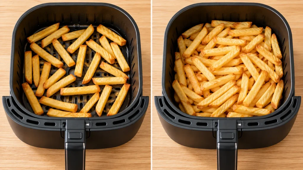 Single layer of fries in an air fryer basket compared with an overcrowded basket