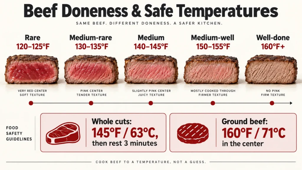Beef doneness temperatures from rare to well-done with safe internal temperatures