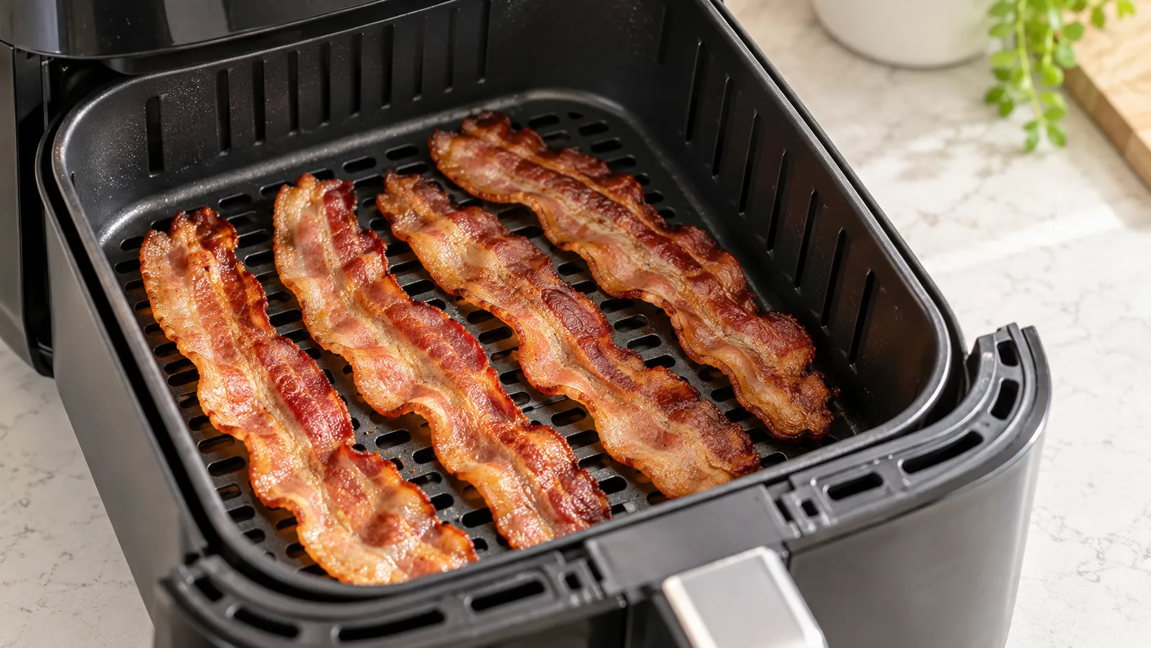 Cold cooked bacon slices arranged in a single layer in an air fryer basket