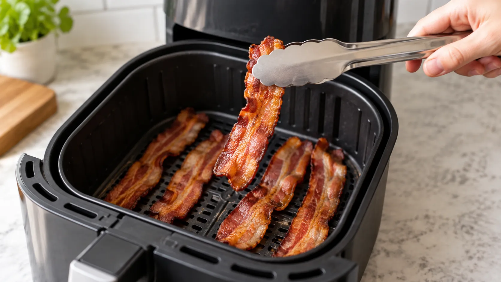 Crisp reheated bacon being removed from an air fryer basket with kitchen tongs