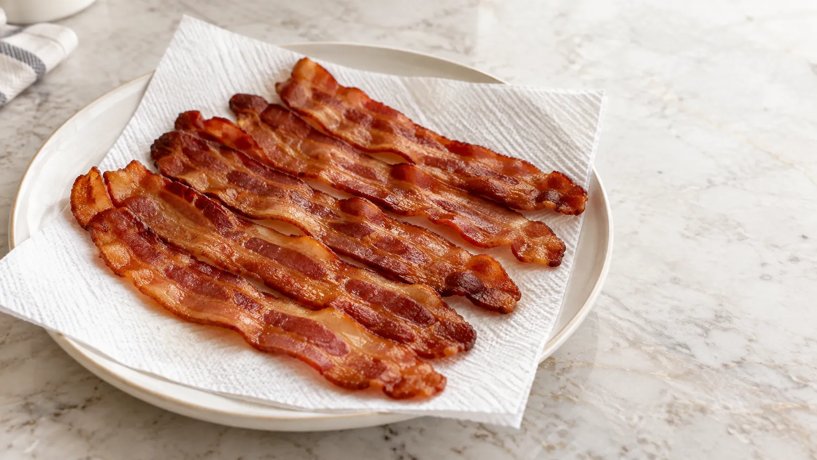 Cold bacon, reheated bacon, and bacon resting on paper towels in a before and after comparison
