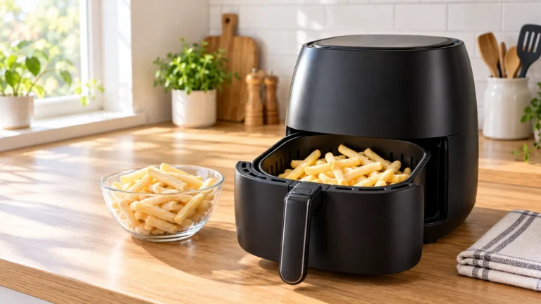 Air fryer placed on a clear heat-safe countertop with space around the rear vent