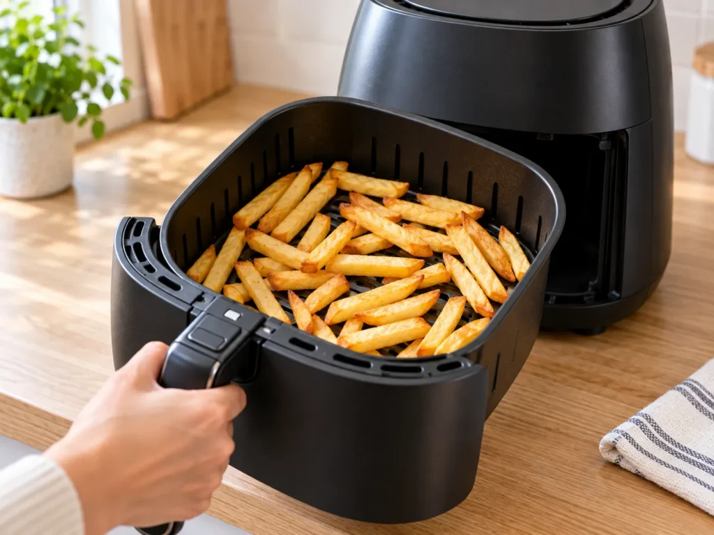 Shaking an air fryer basket halfway through cooking frozen fries