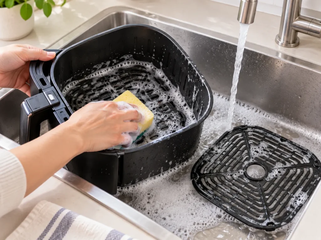 Washing an air fryer basket and crisper plate with a soft sponge before first use