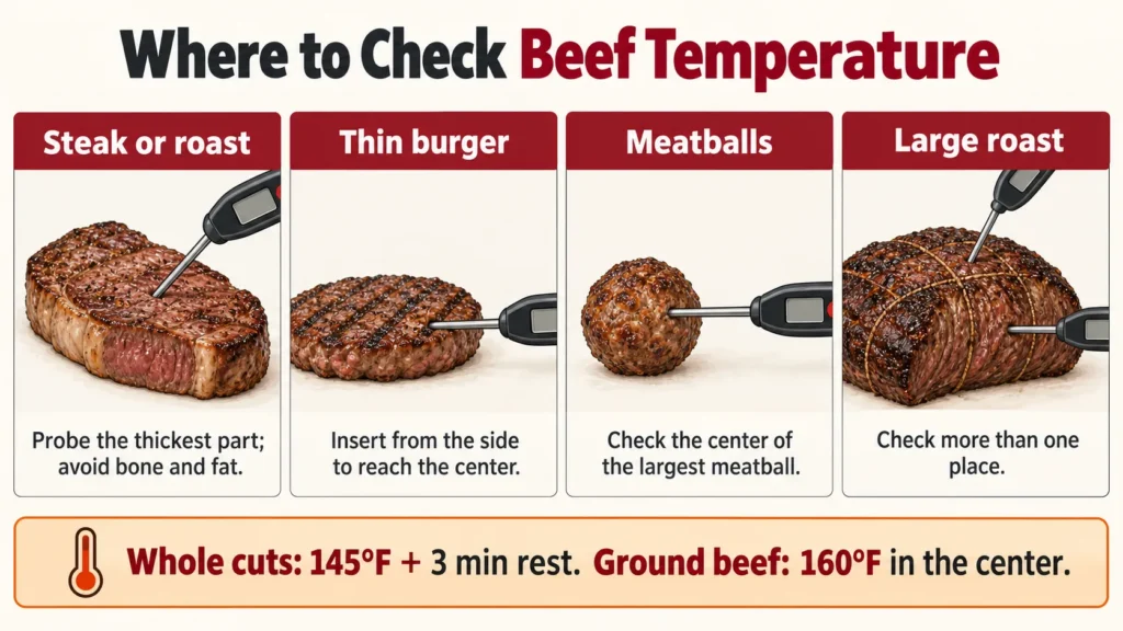 Where to insert a meat thermometer in steak, burgers, meatballs, and roast beef